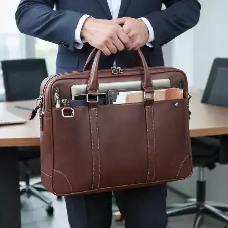 Close-up of a craftsman hand-tooling leather for a bespoke ManBagCo bag