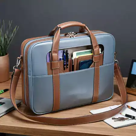 Detail of robust leather stitching on a finished ManBagCo document bag